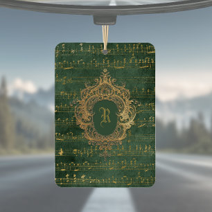 Vintage Monogram Crest Music Manuscript Green Gold Car Air Freshener