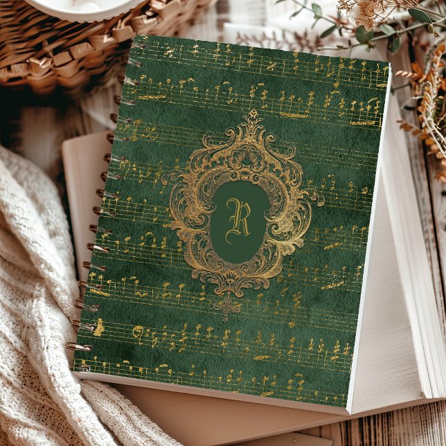Vintage Monogram Crest Music Manuscript Green Gold Notebook (Creator Uploaded)