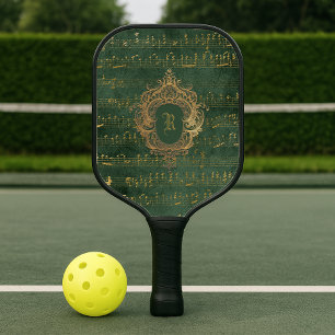 Vintage Monogram Crest Music Manuscript Green Gold Pickleball Paddle