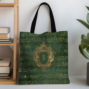 Vintage Monogram Crest Music Manuscript Green Gold Tote Bag