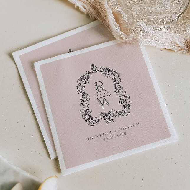 Vintage Monogram Crest Names Blush Pink Wedding Napkin (Creator Uploaded)