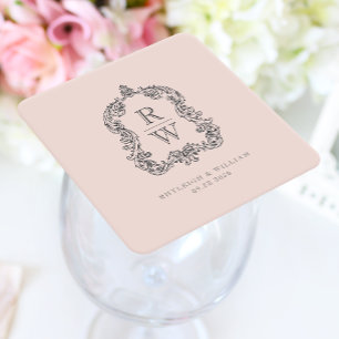 Vintage Monogram Crest Names Blush Pink Wedding Square Paper Coaster