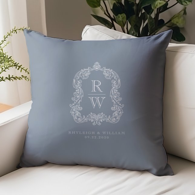 Vintage Monogram Crest Names Dusty Blue Wedding Cushion (Creator Uploaded)