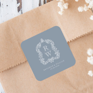 Vintage Monogram Crest Names Dusty Blue Wedding Square Sticker