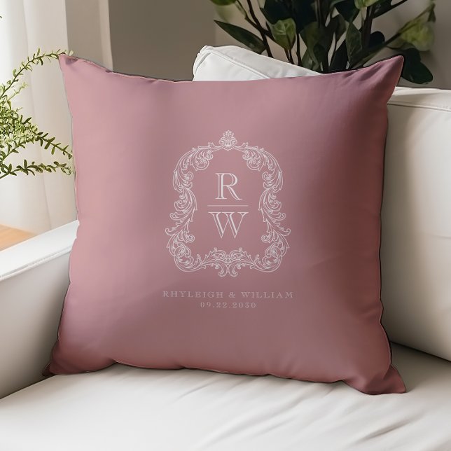Vintage Monogram Crest Names Dusty Rose Wedding Cushion (Creator Uploaded)