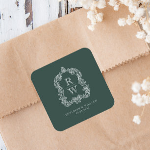 Vintage Monogram Crest Names Forest Green Wedding Square Sticker