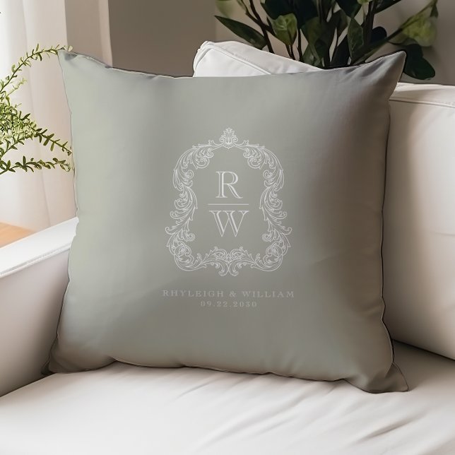 Vintage Monogram Crest Names Sage Green Wedding Cushion (Creator Uploaded)