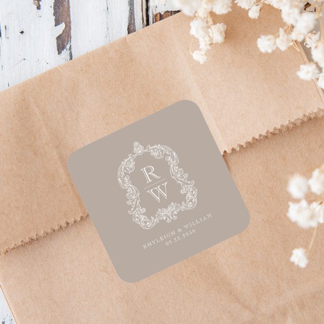 Vintage Monogram Crest Names Taupe Wedding Square Sticker (Creator Uploaded)