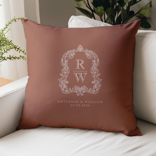 Vintage Monogram Crest Names Terracotta Wedding Cushion