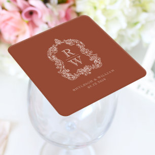 Vintage Monogram Crest Names Terracotta Wedding Square Paper Coaster