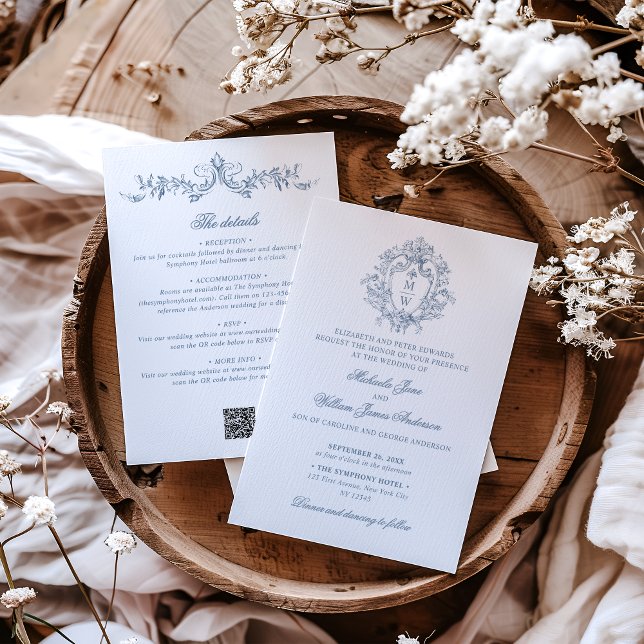 Vintage Monogram Crest QR Code All In One Wedding Invitation (Creator Uploaded)