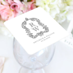 Vintage Monogram Crest White Charcoal Grey Wedding Square Paper Coaster