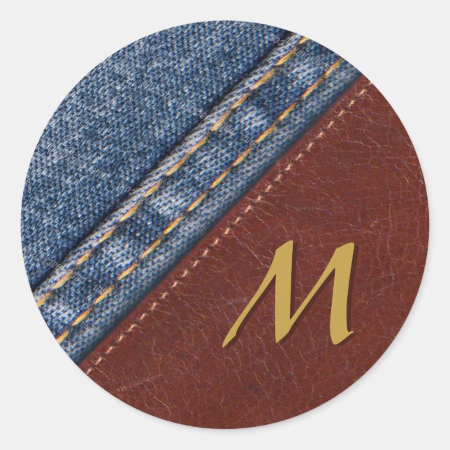 Vintage Monogram Denim and Leather Classic Round Sticker (Front)