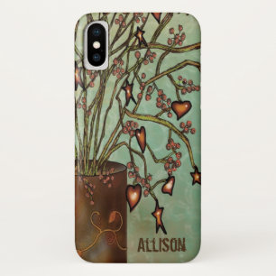 Vintage Monogram Faux Tin Vase with Hearts Tree iPhone X Case