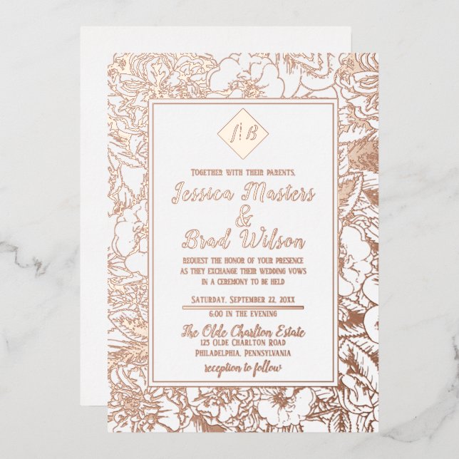 Vintage Monogram | Floral Wedding White Rose Gold (Front/Back)
