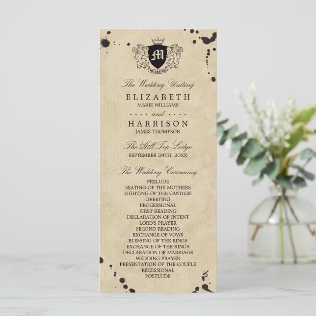 Vintage Monogram & Ink Stain Wedding Programme (Standing Front)