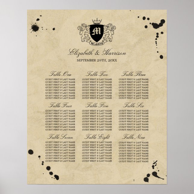 Vintage Monogram & Ink Stain Wedding Seating Chart (Front)