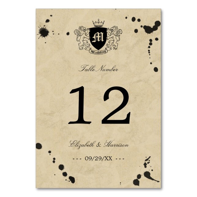 Vintage Monogram & Ink Stain Wedding Table Number (Front)