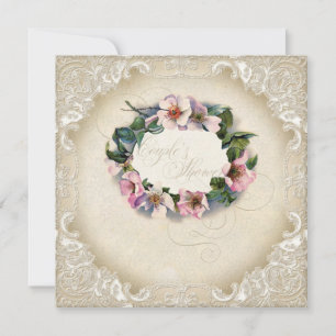 Vintage Monogram Lace Wild Pink Rose Swirl Formal Invitation