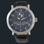 Vintage monogram name initials bride and groom watch<br><div class="desc">Vintage watch in vintage style with monogram and name initials for bride and groom, lovers or wedding gift with Luxurious Monogram in Elegant retro style. Invitation Style Navy Blue Frame Clock with Antique Art Jewelry in Vintage Background with Calligraphic Graphics Great for Contemporary Fashion Wedding Gift. Clock with Classic ornament...</div>