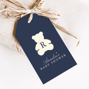 Vintage Monogram Navy Blue Teddy Bear Baby Shower Gift Tags