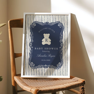 Vintage Monogram Navy Blue Teddy Bear Baby Shower Poster