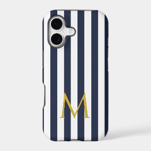 Vintage Monogram Navy Blue & White Stripes Striped