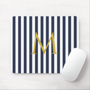 Vintage Monogram Navy Blue & White Stripes Striped Mouse Mat