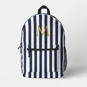 Vintage Monogram Navy Blue & White Stripes Striped Printed Backpack