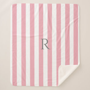 Vintage Monogram Pink & White Stripes Striped Sherpa Blanket