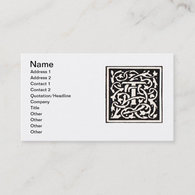 Vintage Monogram T Art Nouveau Letter Business Card (Front)