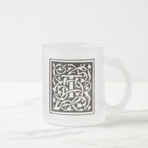 Vintage Monogram T Art Nouveau Letter Frosted Glass Coffee Mug