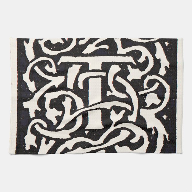 Vintage Monogram T Art Nouveau Letter Tea Towel (Horizontal)