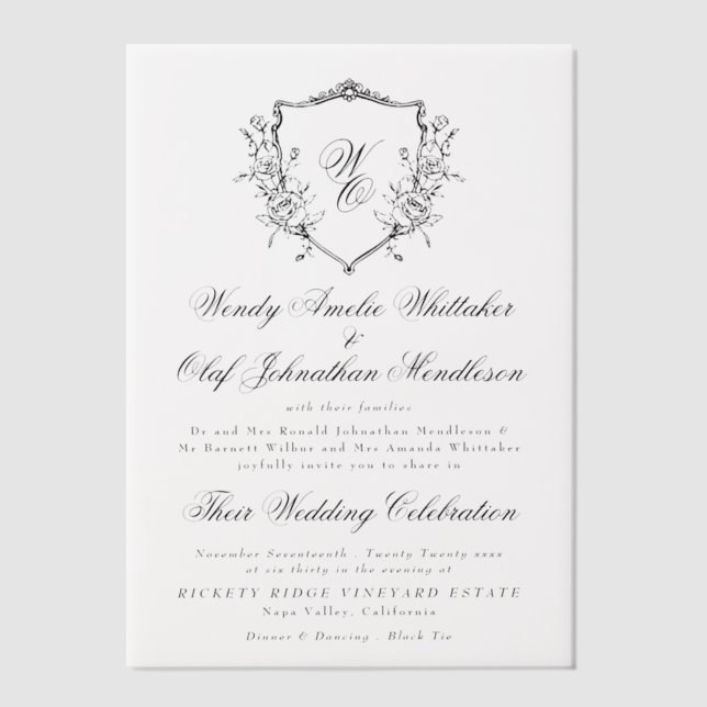 Vintage Monogram Wreath Black & White Wedding Vellum Invitations (Front)
