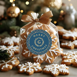 Vintage Monogram Wreath Blue Plaid Christmas Classic Round Sticker