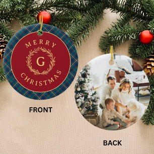 Vintage Monogram Wreath Red Plaid Christmas Photo Ceramic Tree Decoration