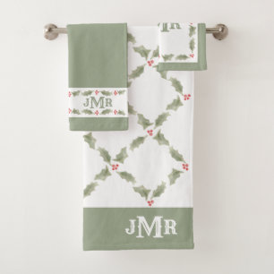 Vintage Monogrammed Christmas Holly Green & Red Bath Towel Set