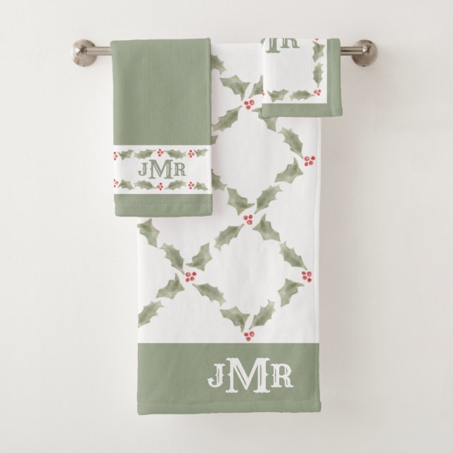 Vintage Monogrammed Christmas Holly Green & Red Bath Towel Set (Insitu)