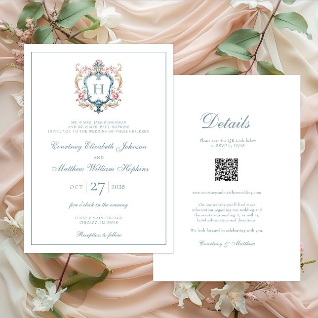 Vintage Monogrammed Floral Crest Wedding Invitation (Creator Uploaded)