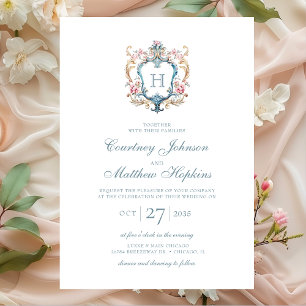 Vintage Monogrammed Floral Crest Wedding Invitation