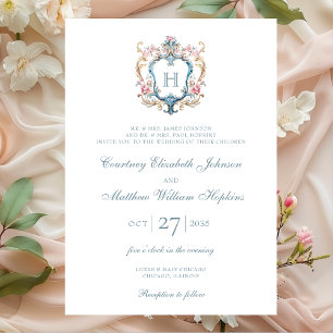 Vintage Monogrammed Floral Crest Wedding Invitation
