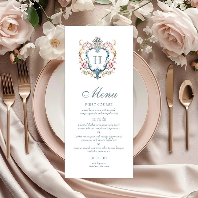 Vintage Monogrammed Floral Crest Wedding Menu (Creator Uploaded)
