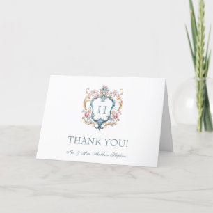 Vintage Monogrammed Floral Crest Wedding Thank You Card