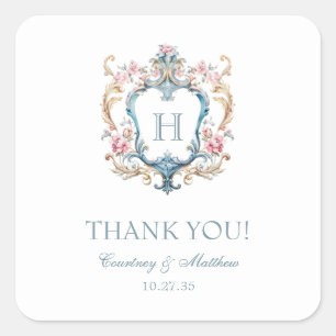 Vintage Monogrammed Floral Crest Wedding Thank You Square Sticker