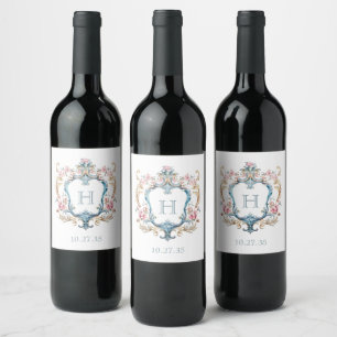 Vintage Monogrammed Floral Crest Wedding Wine Label