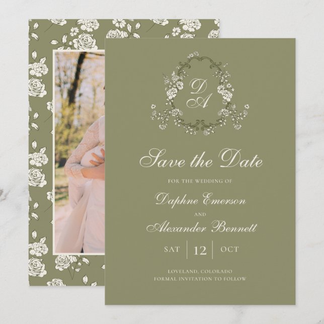Vintage Monogrammed Sage Green Botanical Save The Date (Front/Back)