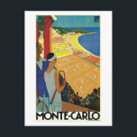Vintage Monte Carlo Tennis Travel Ad Postcard<br><div class="desc">Completely restored and (colours enhanced),  from our posters withe same name.
 An advertisement for a 1920s Monte Carlo (Monaco) tennis tournament in Art Deco style,  a man and a woman in tennis clothes are watching the matches from above,  the Mediterranean Sea in the back.</div>