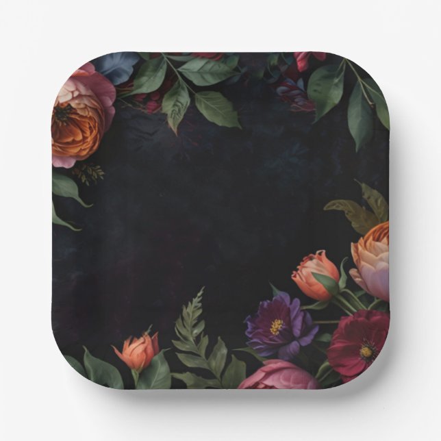 Vintage moody dark floral boho roses paper plate (Front)