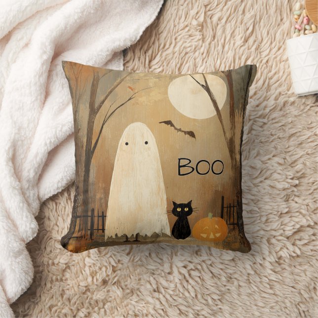 Vintage Moody Ghost & Black Cat Cushion (Blanket)
