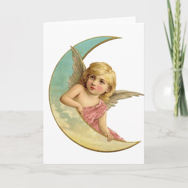 Vintage Moon Angel Holiday Card (Front)